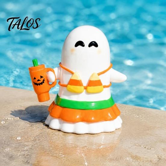 Office Desk Ghost Ornament Halloween Hawaii Bikini Figurine, Holding Pumpkin Cup Statue, Figurine Summer Vacation Resin Sculpture for Decoration