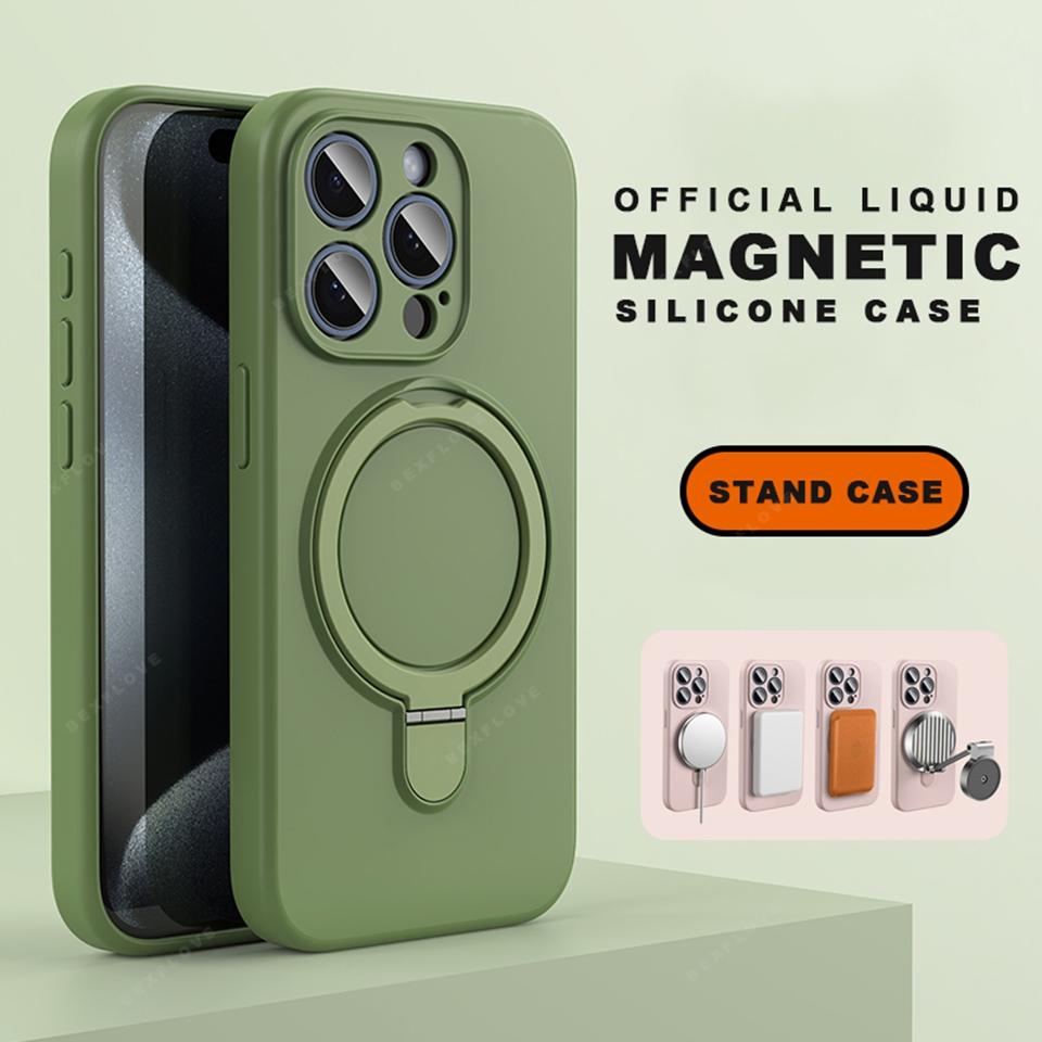 Magnetic Liduid Silicone Stand Phone Case For iPhone 15 14 16 Plus 11 12 13 16 Pro Max Magsafe Ring Holder Protector Soft Cover