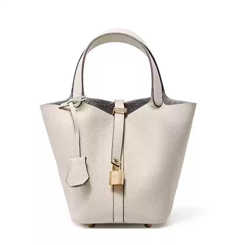 Genuine Leather Shoulder Bucket Bag Women Litchi Pattern Mini Basket Tote Soft Handbag Mommy Bride Wedding Bags with Lock