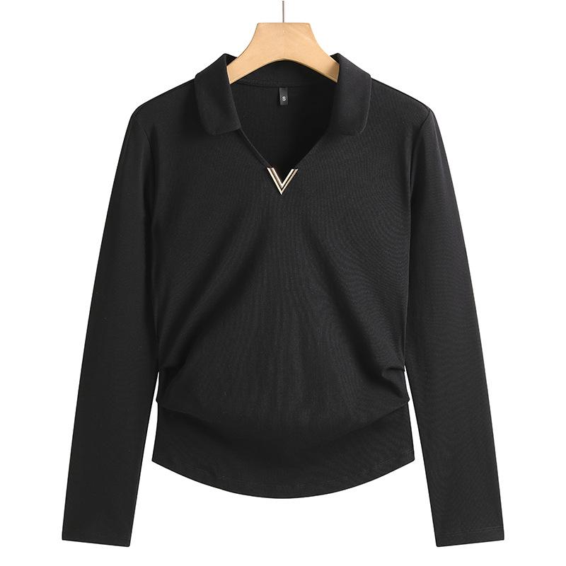 

Плиссированный корейский повседневный отложной воротник металлическая пряжка хлопок верхняя одежда длинный рукав женский топ XL чёрный