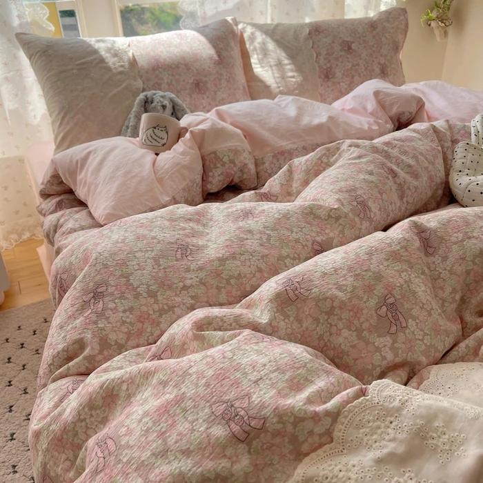 

Small floral cloud wrinkle double yarn bed four-piece set princess lace quilt cover 3-piece bed sheet set 1.2m sheet 3pcs