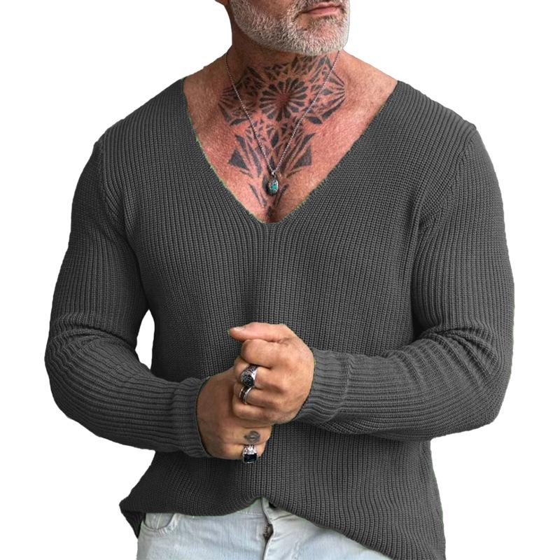 Men's V-neck Wool Knit Sweater Pullover for Autumn and Winter