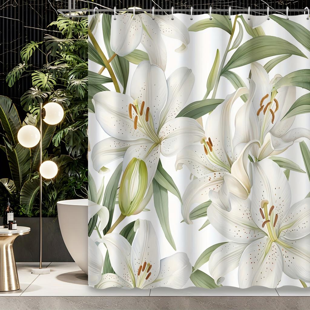 1 Piece Beautiful Pure White Lily Flower Shower Curtain, Polyester Fabric, Machine Washable, Suitable For Bathroom Decoration