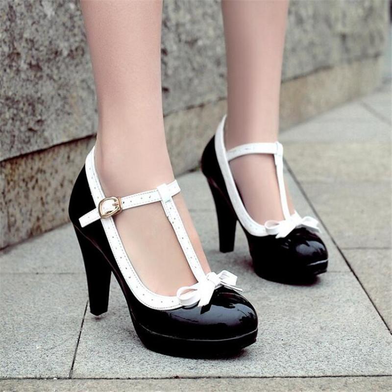 Big Size 32-43 Women Pumps Sweet Bowtie Shoes Patent Leather Chunky Female High Heels Party Wedding Prom Footwear Girls Shoes