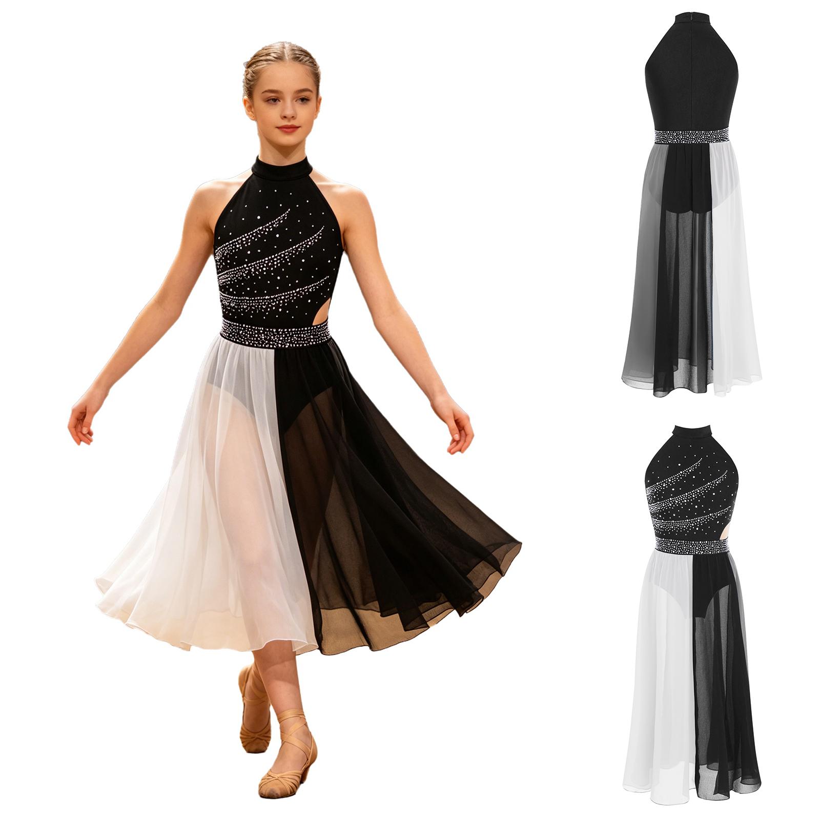 Modernes lyrisches Tanzkleid für Mädchen Ärmellos Mock-Neck Chiffon-Kostüm mit unsichtbarem Reißverschluss am Rücken Strasssteinen und Seitenschlitz 7-8 Years