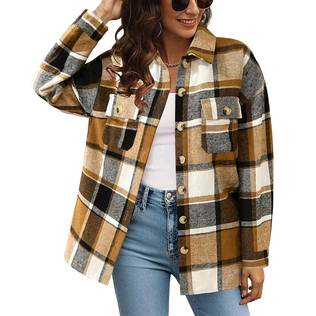 Women's Checkered Button Long Sleeved Loose Casual Shirt Jacket