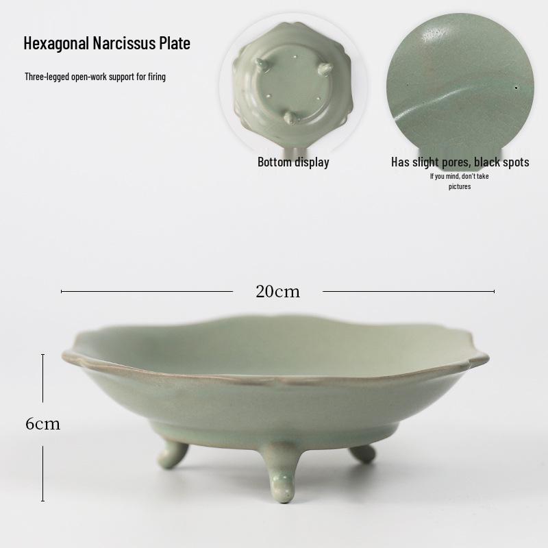 Antique Green Glaze Ru Ware Flower Pot with Ice Crackle, Three-Legged Zen Style Hydroponic Narcissus Vase