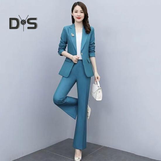 2 Pcs/Set Lady Formal Coat Pants Set Turn-down Collar Long Sleeves Suit Jacket Slim Fit Pure Color Flared Trousers Daily Wear Commuting Outfit Office
