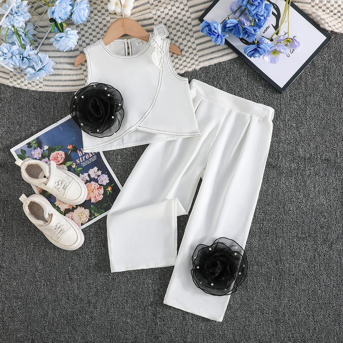 Girls  2Pcs Floral Sleeveless Top & Pants Set Elegant Casual Outfit 2-3Y белый