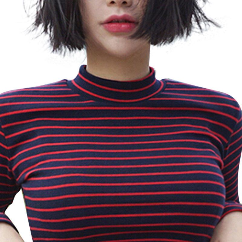 Crop Tops Women Chic All-match Classic Stripe Slim Short Bustier Crop Top Turtleneck Long Sleeved T-shirt Sexy Shirts Tee