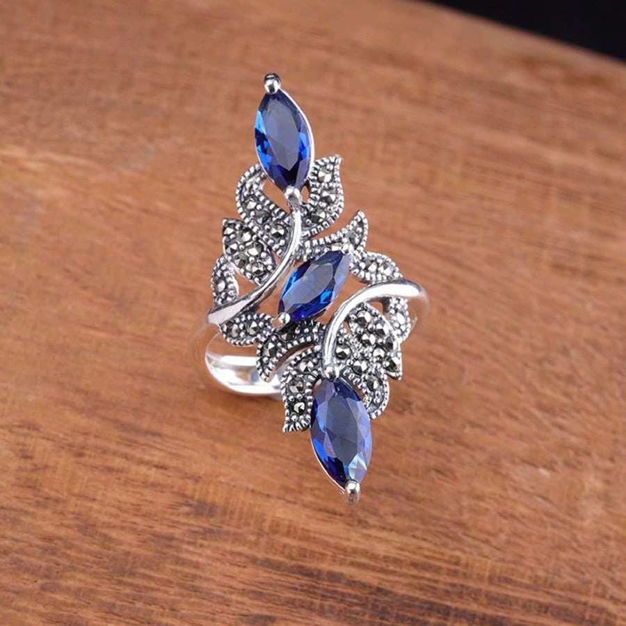 1 Pc Fashion Long Blue Agate Faceted Stone Crystal Women's Ring