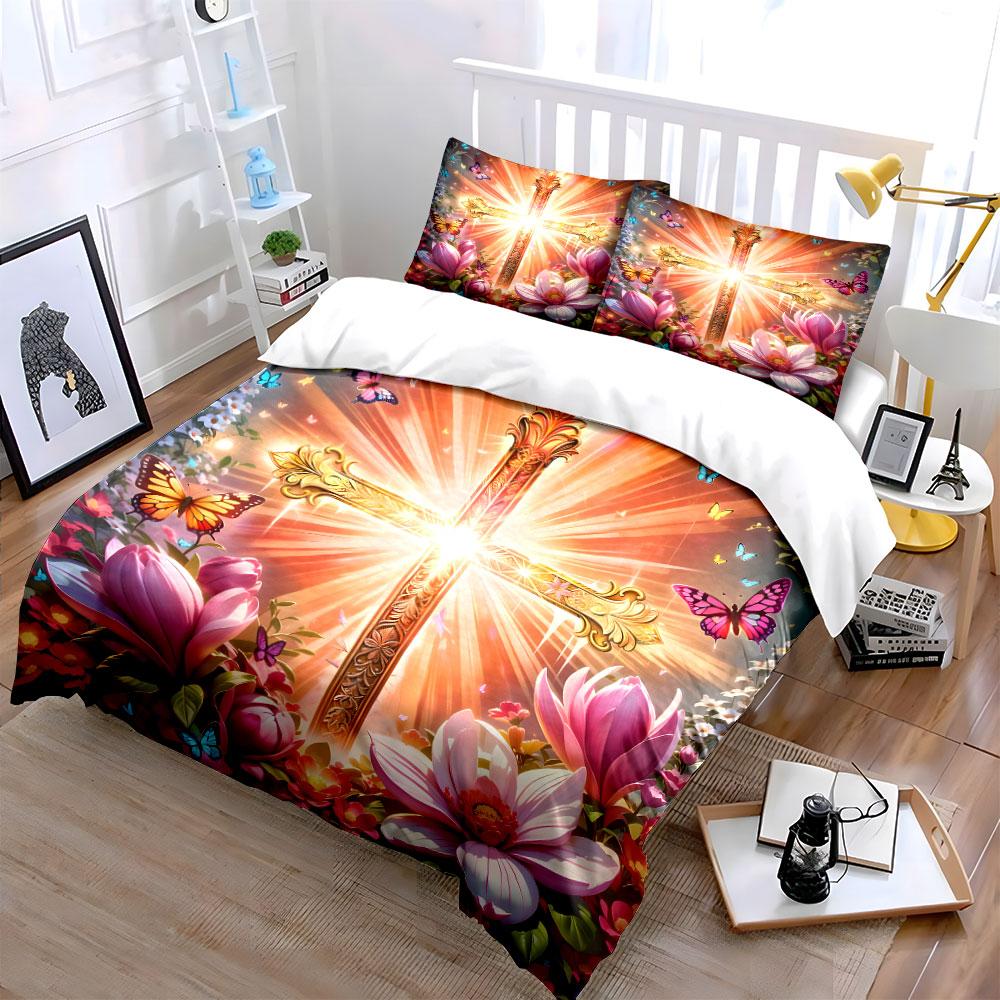 Golden Cross with Vibrant Flowers Print Soft Comfortable Duvet Cover Bedding Set Included 1*Duvet Cover 2*Pillowcases