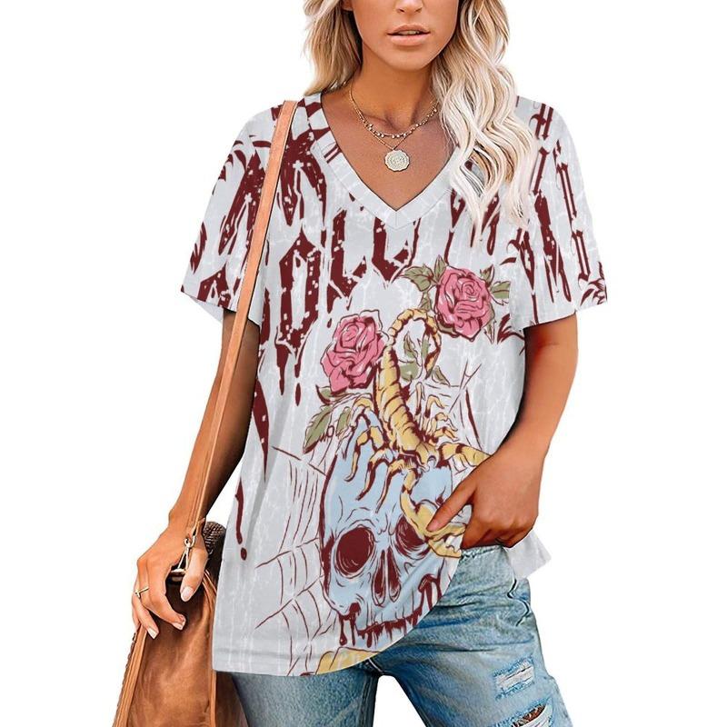 Sommermode 3D Floral bedruckte T-Shirts Damenbekleidung T-Shirt Tops Damen Casual Kurzarm V-Ausschnitt Tops Lockere Bluse