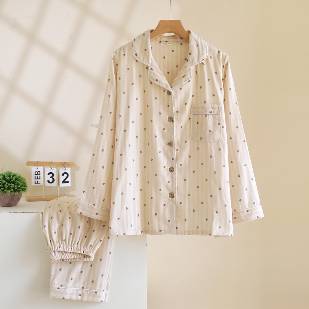 2026 Spring and Autumn Women's Pajama Set 100% Cotton Gauze Vertical Strip Love Long Sleeve Two piece Home Clothing Set