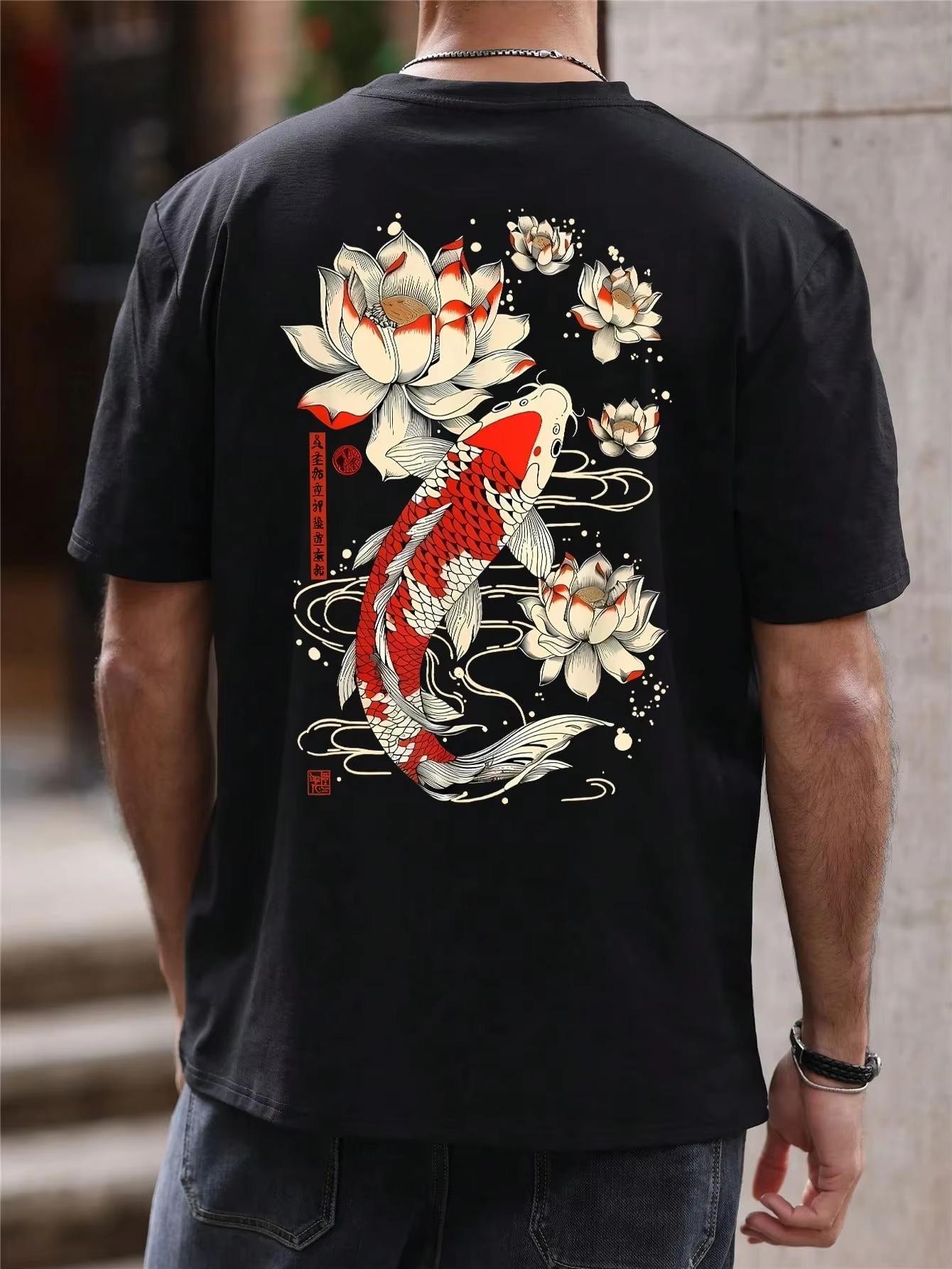 

Black Tshirt Collection Koi Fish Lotus Flower Print with Chinese Text Dragon Symbol Unisex Cotton Streetwear Casual Outfit 4XL