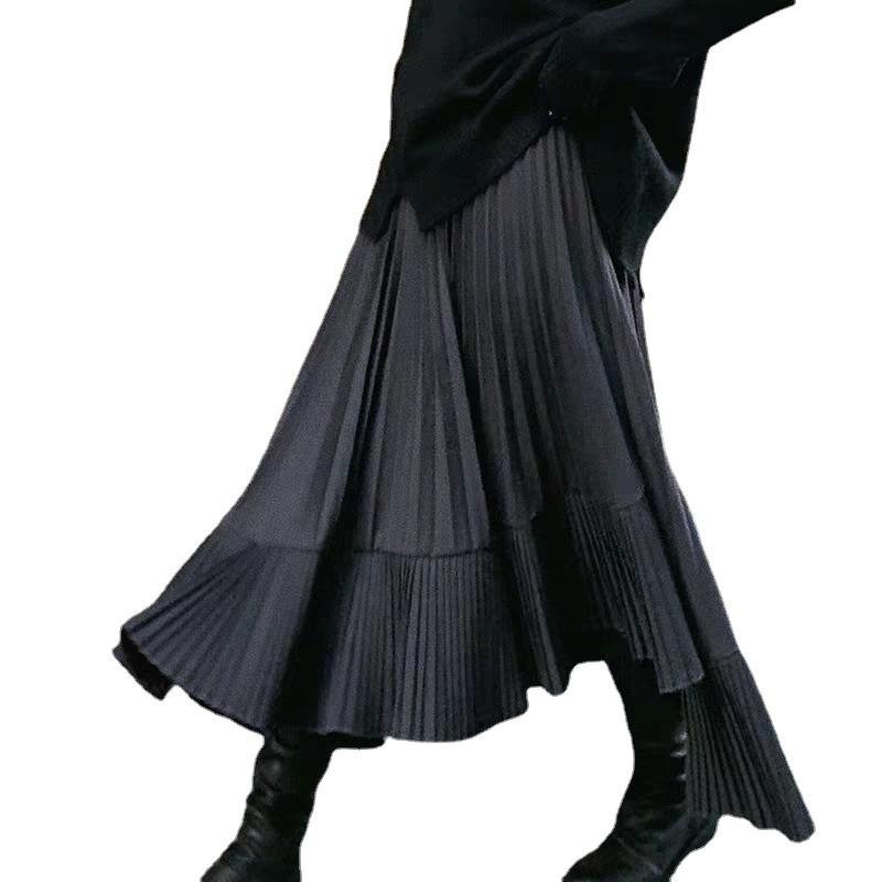 Autumn/Winter 2025 Women's High-Waisted Black Fishtail Pleated Mid-Length Skirt with Irregular Hem
