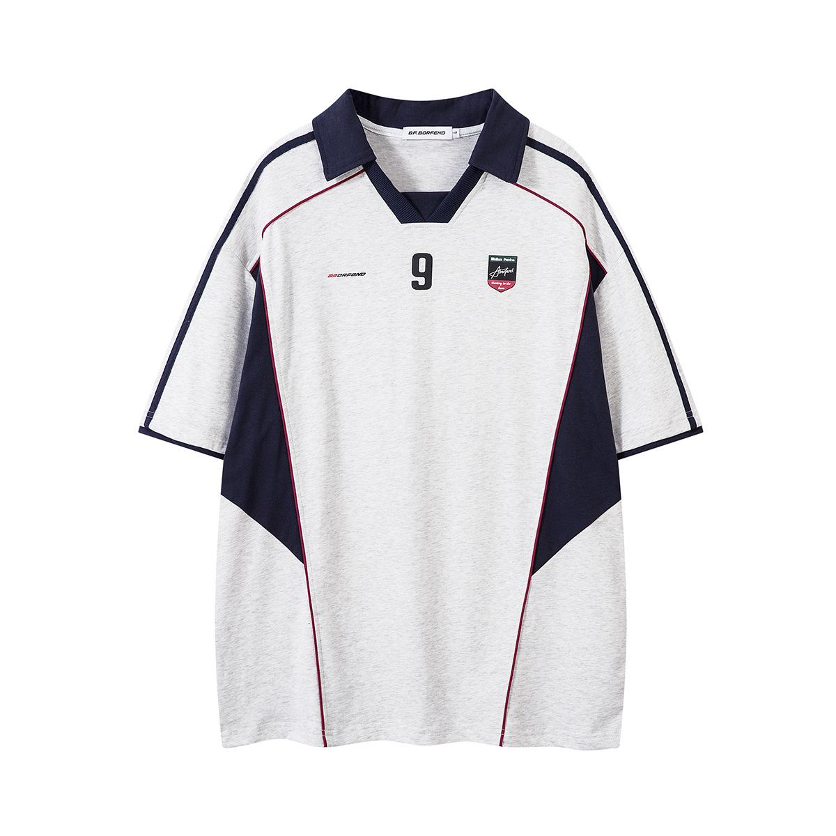 Men s summer American jersey lapel POLO sweatshirt with thread stitching short-sleeved T-shirt S серый