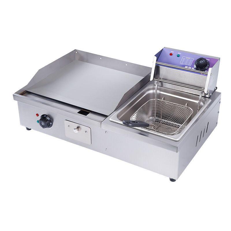 Commercial Electric Griddle & Deep Fryer Combo: Pancake, Squid, Noodles, and Steak Grill Teppanyaki.