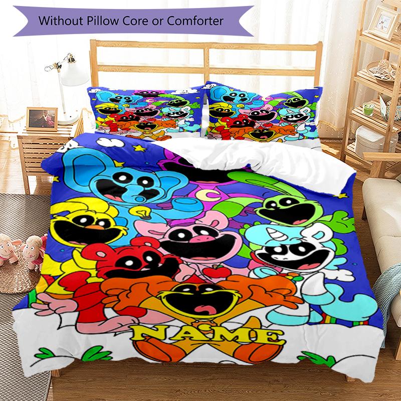 3pcs Custom Name Smiling Critters Bedding Set Duvet Cover Closure Includes 1 Duvet Cover & 2 Pillowcases, Soft and Comfortable for All Seasons.