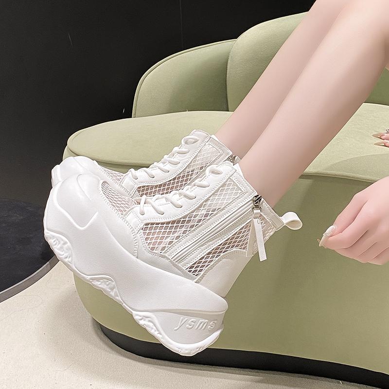 Fashion Spring/Summer High Top Women's Mid Calf Cool Boots Platform Mesh Hollowed Side Zipper Casual Shoes Sneakers