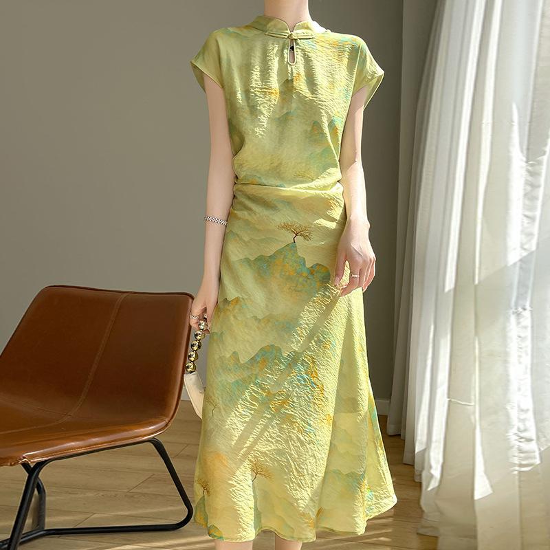 Retro New Chinese Style Silk Cotton Dress for Women with High-end Standing Collar Button Chinese Style Printed Mid-length Base Long Skirt