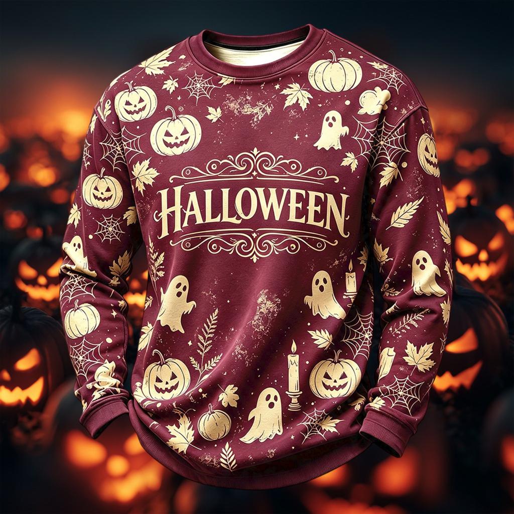 Men's Casual Round Neck Long Sleeve Top with Halloween Print