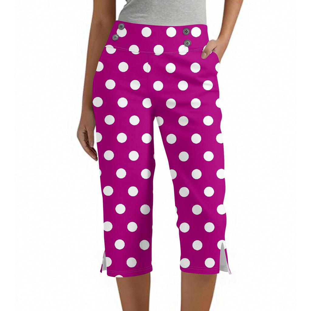 Women's Fashion Polka Dot Button Pocket Trousers Slit High Waist Sports Yoga Casual Cropped Pants