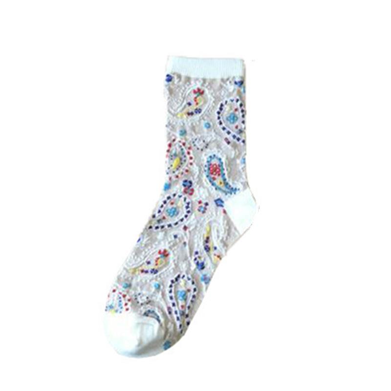 Blue Socks Flower Print Vintage Long Socks Women Japanese Fashion Harajuku Retro Streetwear Sweet Girls Kawaii Cute Crew Socks