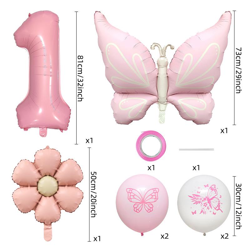 Růžový Motýl 32" Hliníková Sada Balónků pro Oslavu Narozenin a Baby Shower