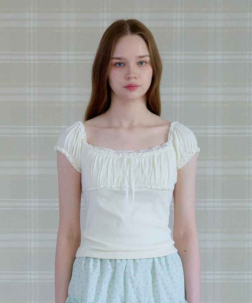 PINK PINEAPPLE Darling Shirring Ribbon T-Shirt_Cream