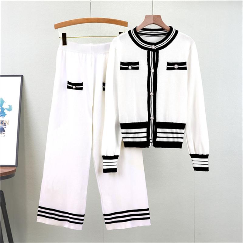 

Женский вязаный костюм-двойка на осень и зиму, кардиган, брюки палаццо, модный повседневный комплект из двух предметов One Size белый