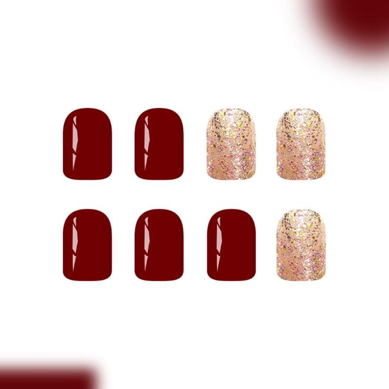 24Piece Glossy Bordeaux Shimmers Press On Nail Short Almond Shape for Winter Holiday Fake Nail Easy Application