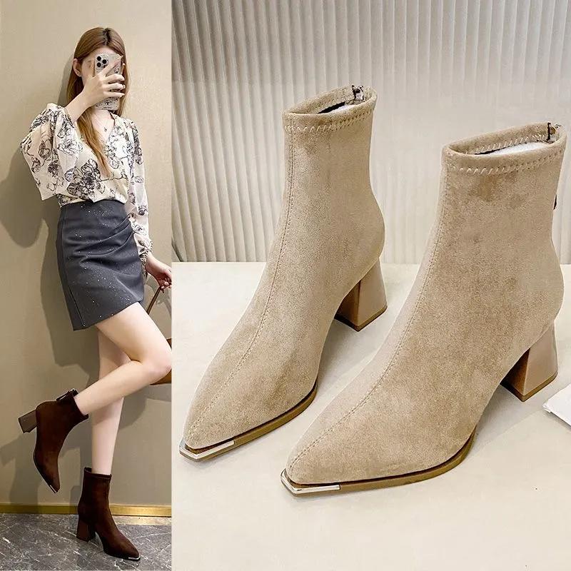 Winter Women Thick Heel Ankle Boots Pointed Toe Mordern Short Booties Street Style Party Stripper Female Shoes