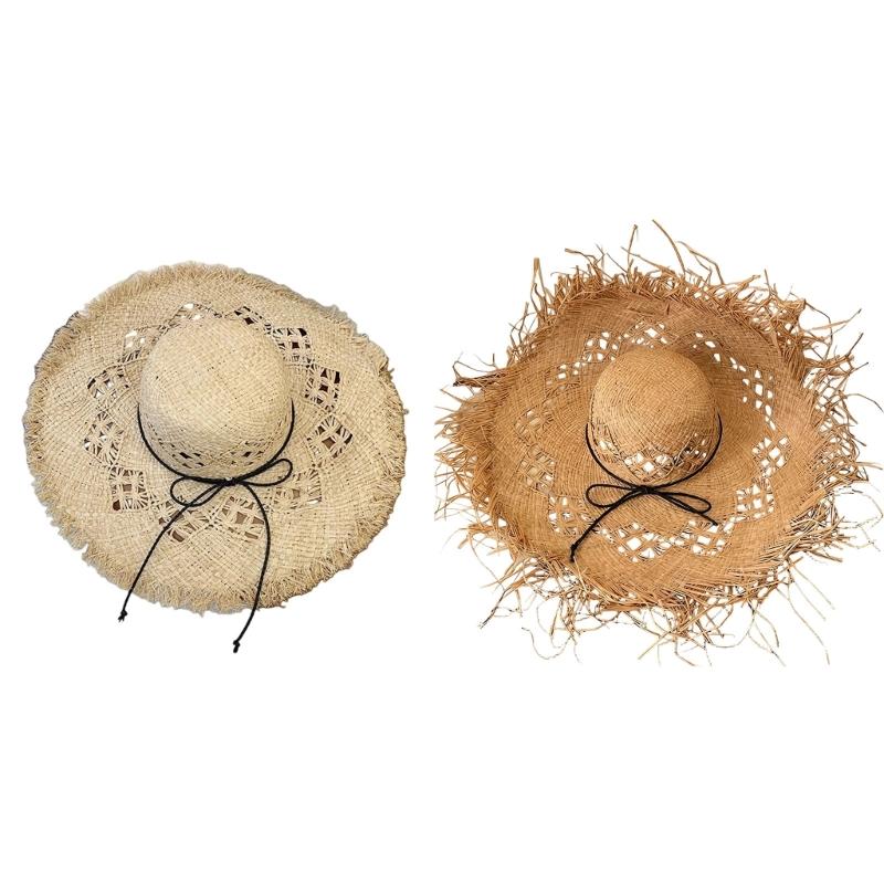 Elegant Raffia Sun Hat With Wide Brimmed And Breathable Openwork Design For Beach Vacation And Outdoor Activities