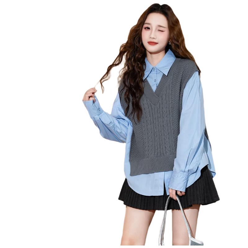 TonLion Women s Faux Two-Piece Loose Fit Long Sleeve Blouse M