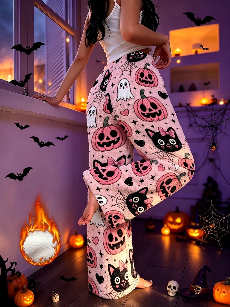 Women's Winter Velvet Pajamas, Comfortable and Soft, with Halloween Print, Suitable for Home and Outings.