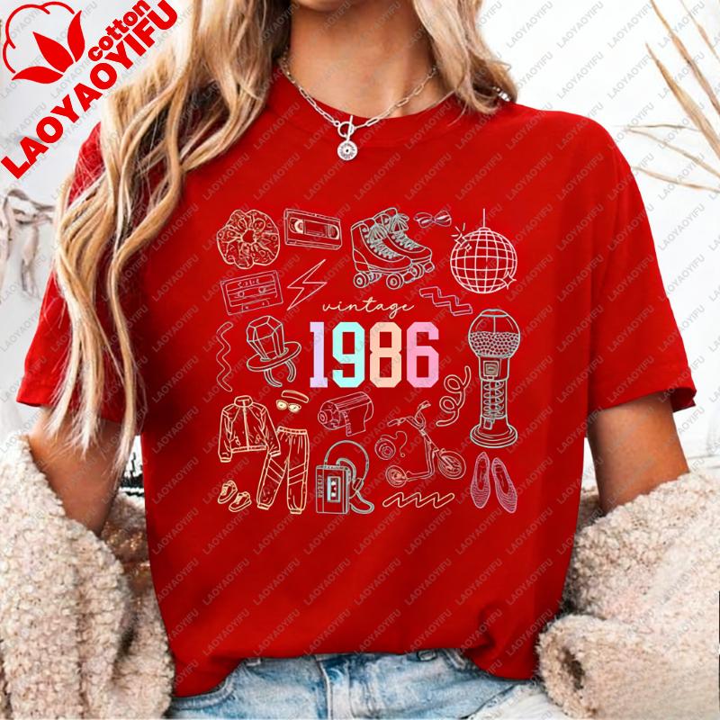 Vintage 1986 Shirt 40. Tee Geburtstag Kritzeln Geschenk 40 Jahre Alt Feier Bedrucktes T-Shirt Oberteile Ära Bday Party Freizeit Streetwear