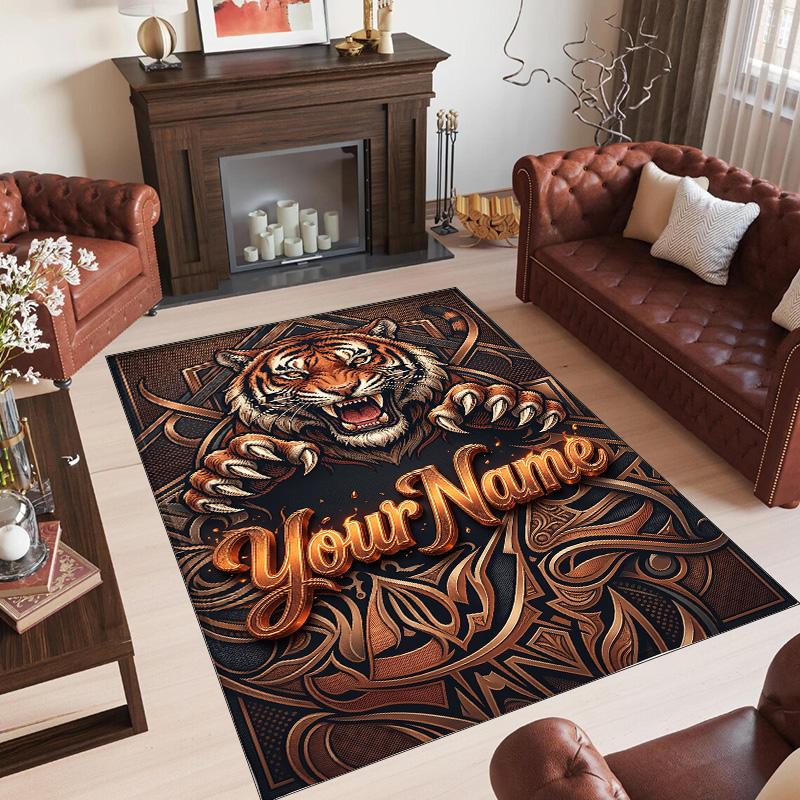 Lion Tiger Theme Crystal Velvet Rug Personalized Custom Name Text Soft Floor Mat Home Decor