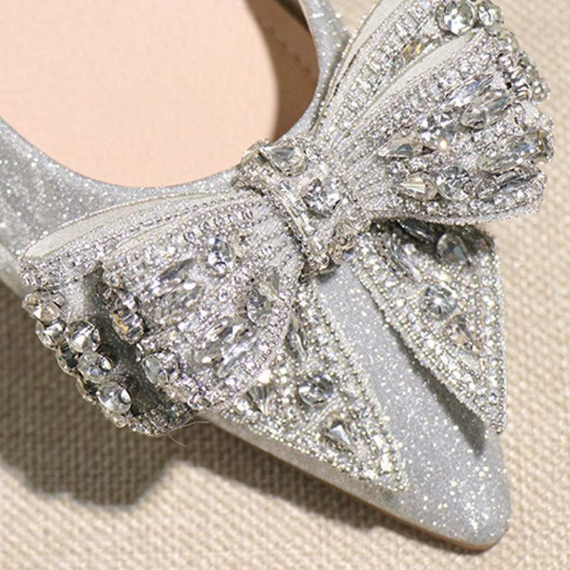 Modne Kryształowe Płaskie Baleriny z Kokardą Kobieta Różowe/Srebrne Buty Ślubne dla Druhny Damskie Baleriny Cheongsam Brokatowe Szpiczaste Czółenka Damskie