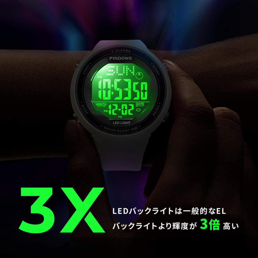 PINDOWS Digital Sports 30m LED 3 Countdown and Calendar for an Active Lifestyle Women's Watch, Waterproof, Backlight, Alarms, Stopwatch, Timer,