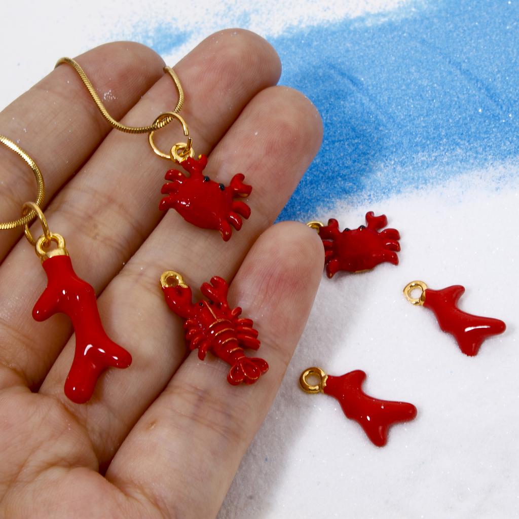 10 PCs Zinc Based Alloy Ocean Jewelry Charms Gold Color Enamel 3D Red Crab Lobster Coral Pendant For Diy Necklace Jewelry Making