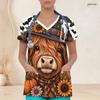 Top da lavoro con scollo a V e maniche corte taglie forti da donna Stampa Mucca delle Highlands Girasole Zucca Pipistrello Halloween Uniforme da infermiera