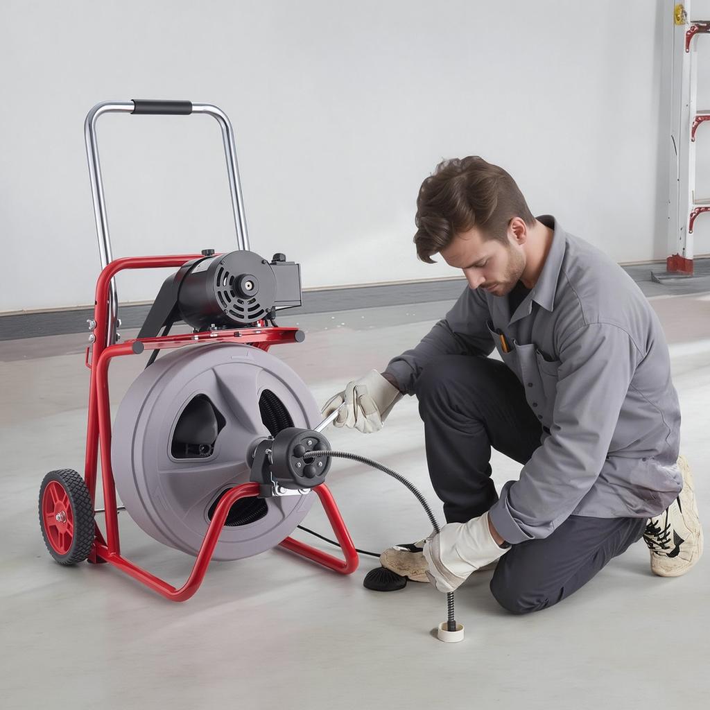 Drain Cleaner Machine 22m x 13mm, Auto Feed Sewer Snake Drain Auger on Wheels, Portable Drain Cleaning Machine with 8 Cutters & Air-Activated Foot