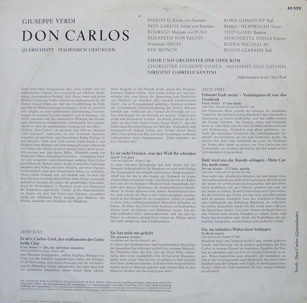 LP Record GIUSEPPE VERDI ORCHESTRA DEL TEAT Don Carlos Querschnit E80523 Electrola Germany Classical Used