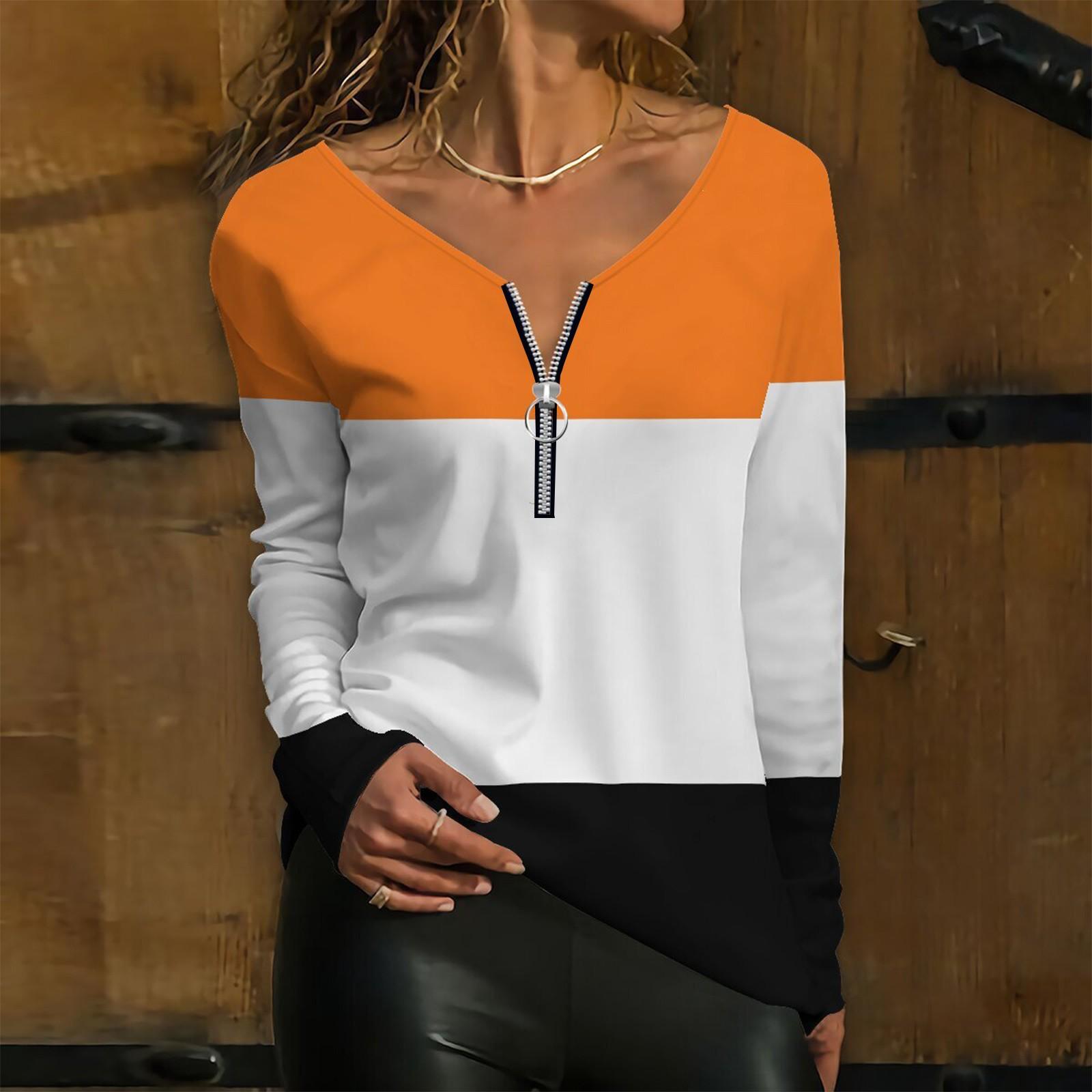 

Женские модные повседневные темпераментные топы с длинными рукавами и застежкой-молнией с v-образным вырезом и цветными блоками с принтом XXL оранжевый