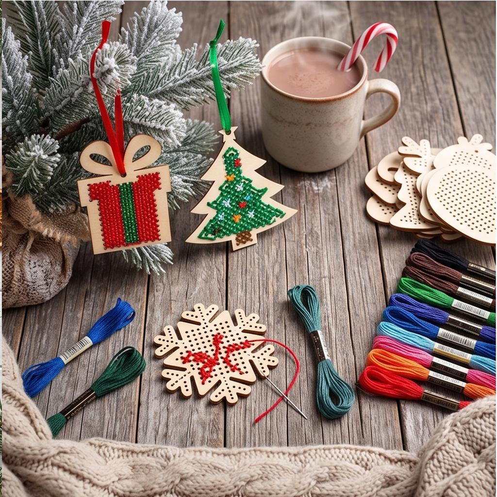 DIY Christmas Wooden Ornament Kit Cross Stitch Classic Christmas Holiday Craft Set Gift Adult