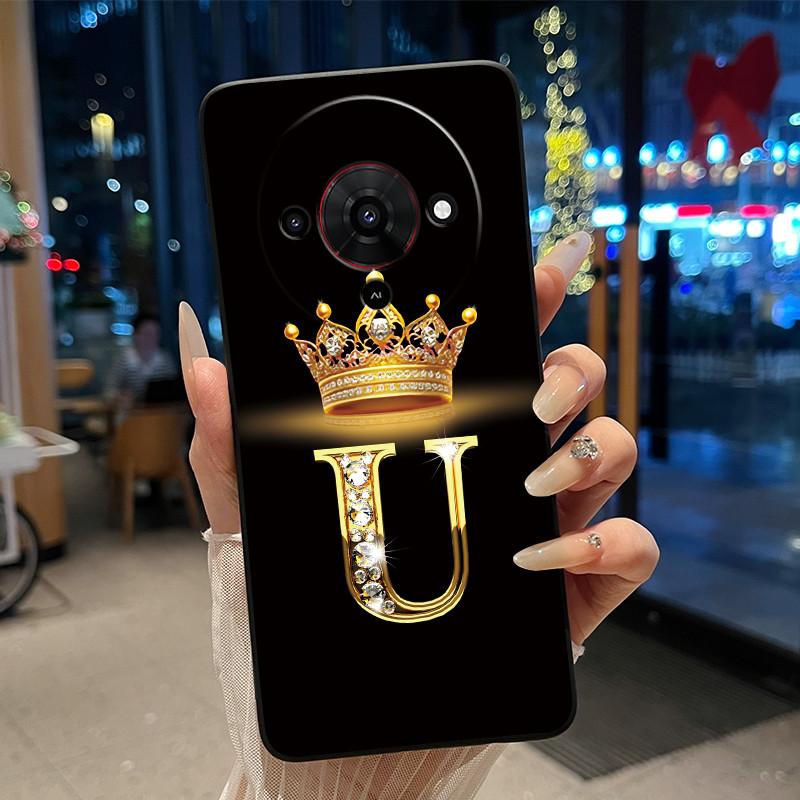 Elegant Simple Crown Initial Letter Case For ZTE Blade A76 5G Soft Silicone Black Case Shockproof Shell ZTE Blade A76 5G Casing