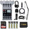 Zoom PodTrak P4 Multi-Track Recorder Bundle Microphone Kit Headphones Front Screen Desktop Microphone Stand XLR Cable Boom Arm 64GB MicroSD Card