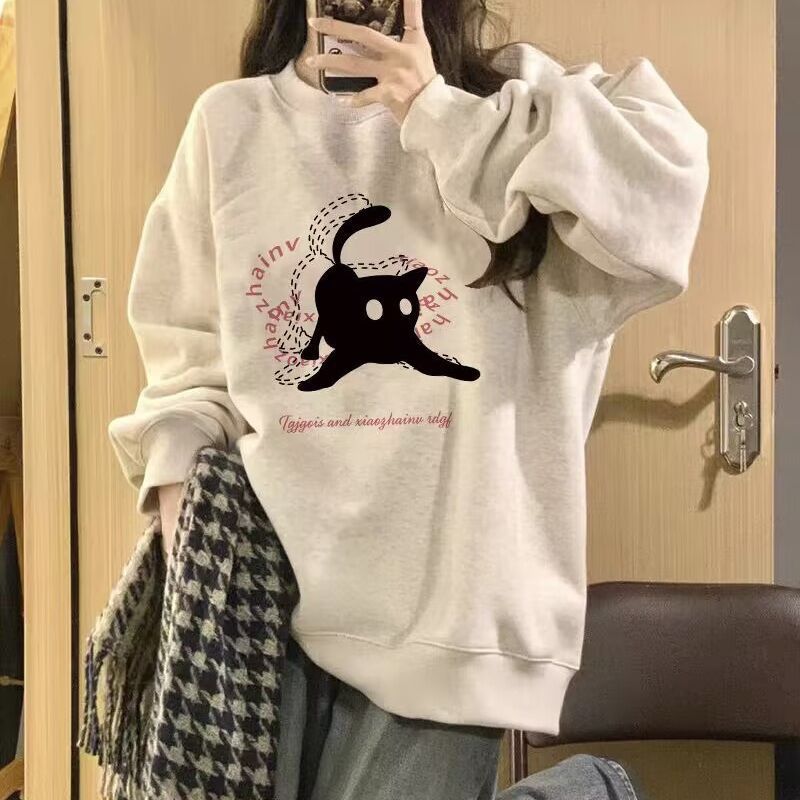 Słodka Dziewczyna Okrągły Dekolt Casualowy Sweter z Podszewką Jesień i Zima Luźny Długi Rękaw Cienka Sekcja Topy Ubranie Zewnętrzne dla Ucznia Retro Wszechstronna Bluza