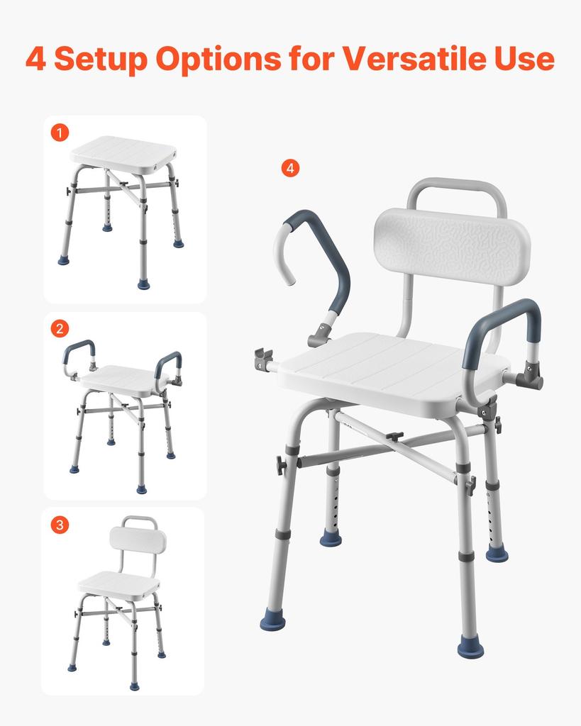 Swivel Shower Chair with Arms and Back, 227 kg Load Heavy Duty Bench Seat for Inside Shower Stall and Bathtub, Height Adjustable Bathroom Bath Tub